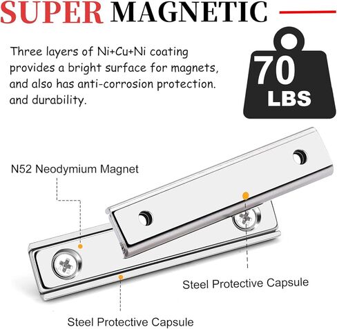 مغناطيس شريط نيوديميوم قوي من الدرجة N52 مع فتحة غاطسة، مغناطيس وعاء مستطيل عالي التحمل مع براغي للتركيب على الحائط، مغناطيس أرضي نادر قوي (6 عبوات) in Kuwait