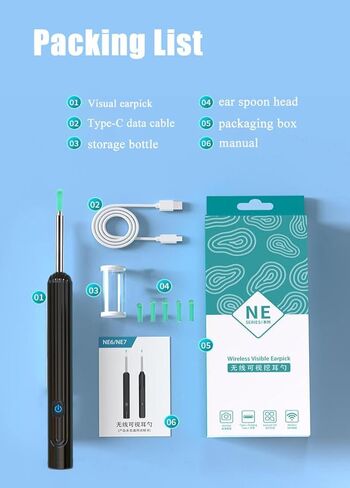 أداة إزالة شمع الأذن، منظف الأذن مع الكاميرا والضوء، مجموعة إزالة شمع الأذن البصرية الذكية، ملعقة أذن سيليكون مقاومة للماء لسهولة تنظيف شمع الأذن (NE7) (NE7) in Kuwait