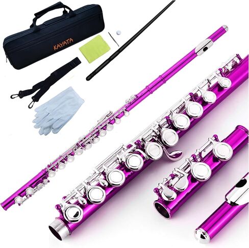 KAYATA C Flute - فلوت طالب بفتحة مغلقة مطلي بالنيكل، 16 مفتاحًا للمبتدئين، حقيبة قماش خفيفة الوزن، حزام الكتف، قطعة قماش للتنظيف، شحم المفاصل، وقفازات (أسود) in Kuwait