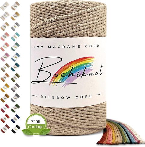 BOCHIKNOT 3ply Macrame Cord 4mm x 240yds - Macrame Cord 3ply Strand Twist - Cotton Cord for Wall Hangings, Plant Hangers, & Crafts - 4mm Macrame Cord 3ply - Macrame Rope & Supplies (240yds, Natural) in Kuwait
