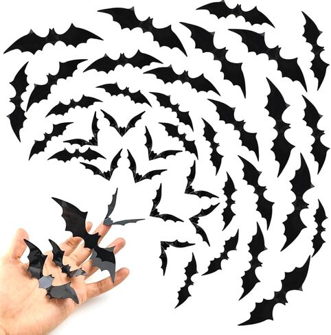 GXXMEI 180 قطعة لتزيين الخفافيش ثلاثية الأبعاد للهالوين، 4 أحجام مختلفة واقعية من PVC الأسود ثلاثي الأبعاد ملصق خفاش مخيف لديكور المنزل DIY ملصق جداري للحمام في الأماكن المغلقة لوازم حفلات الهالوين in Kuwait