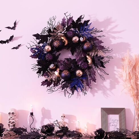 DecorbyHannah إكليل الهالوين، 24 بوصة مضاءة إكليل باب الهالوين مع زخارف ساحرة باللونين الأسود والأرجواني وأوراق القيقب لنافذة الشرفة في الهواء الطلق وديكور المنزل الداخلي in Kuwait