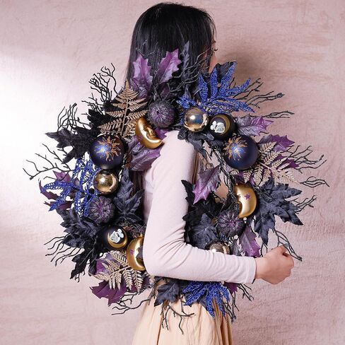 DecorbyHannah إكليل الهالوين، 24 بوصة مضاءة إكليل باب الهالوين مع زخارف ساحرة باللونين الأسود والأرجواني وأوراق القيقب لنافذة الشرفة في الهواء الطلق وديكور المنزل الداخلي in Kuwait