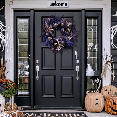 DecorbyHannah إكليل الهالوين، 24 بوصة مضاءة إكليل باب الهالوين مع زخارف ساحرة باللونين الأسود والأرجواني وأوراق القيقب لنافذة الشرفة في الهواء الطلق وديكور المنزل الداخلي in Kuwait