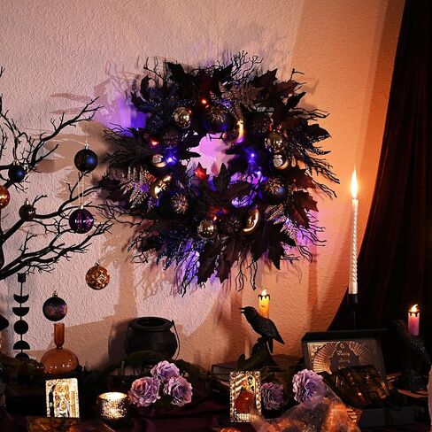 DecorbyHannah إكليل الهالوين، 24 بوصة مضاءة إكليل باب الهالوين مع زخارف ساحرة باللونين الأسود والأرجواني وأوراق القيقب لنافذة الشرفة في الهواء الطلق وديكور المنزل الداخلي in Kuwait