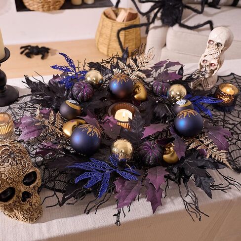 DecorbyHannah إكليل الهالوين، 24 بوصة مضاءة إكليل باب الهالوين مع زخارف ساحرة باللونين الأسود والأرجواني وأوراق القيقب لنافذة الشرفة في الهواء الطلق وديكور المنزل الداخلي in Kuwait