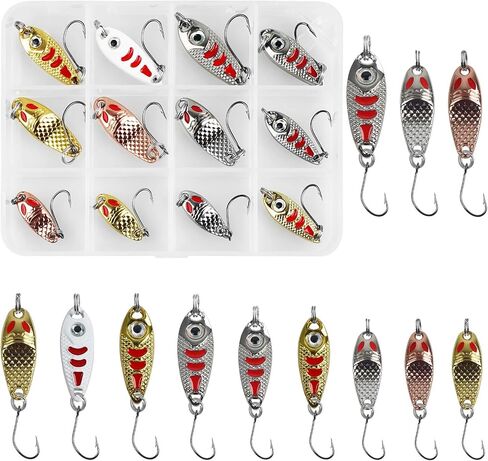 12PCS Fishing Spoons Trout Fishing Colorful Hard Metal Spinner Baits Fishing Jig Spoon Lures Kit with Tackle Box in Saudi Arabia