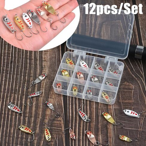 12PCS Fishing Spoons Trout Fishing Colorful Hard Metal Spinner Baits Fishing Jig Spoon Lures Kit with Tackle Box in Saudi Arabia