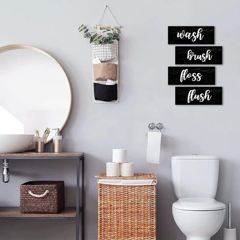 COLOR VALLEY ART ديكور جدار الحمام باللونين الأبيض والأسود، علامات خشبية فن الحمام - فرشاة غسيل فلوش (أسود) in Kuwait