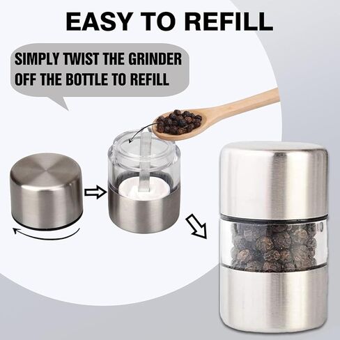 Premium Sea Salt and Pepper Mill Set - Spice Mill with Brushed Stainless Steel, Small Portable Ceramic Salt and Pepper Shakers (2-Piece Set) in Saudi Arabia
