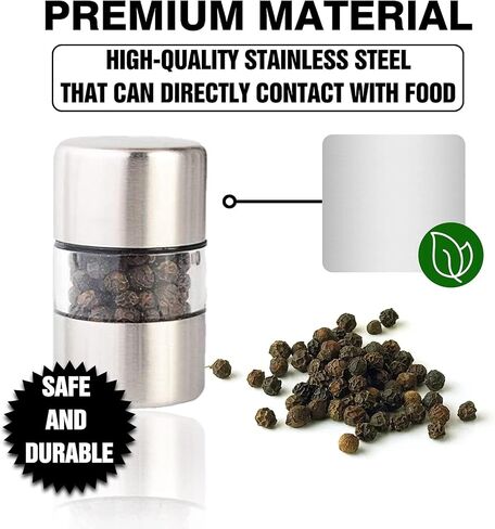Premium Sea Salt and Pepper Mill Set - Spice Mill with Brushed Stainless Steel, Small Portable Ceramic Salt and Pepper Shakers (2-Piece Set) in Saudi Arabia