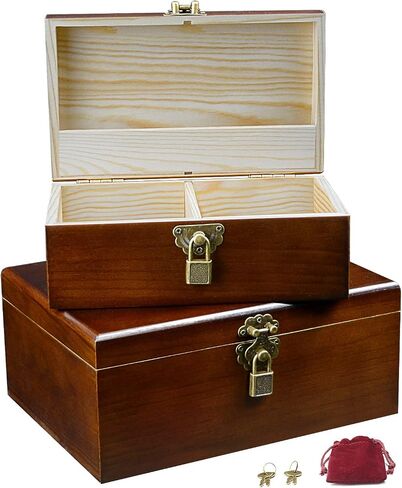 Wooden Storage Box Decorative Boxes with Lock and Keys Set of 2 Large Wood Keepsake Box Case with Hinged Lids Memory Gift Box Vintage Treasure Chest for Jewelry Trinket Stash Box Crate Trunk Organizer in Saudi Arabia
