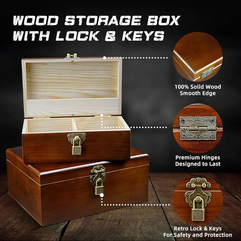 Wooden Storage Box Decorative Boxes with Lock and Keys Set of 2 Large Wood Keepsake Box Case with Hinged Lids Memory Gift Box Vintage Treasure Chest for Jewelry Trinket Stash Box Crate Trunk Organizer in Saudi Arabia