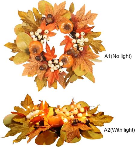 Fall Candle Rings 12inch Pumpkin Maple Leaf Candle Holder Rings with Berries Artificial Candle Garland for Table Wedding Parties Thanksgiving Halloween Decor (#1) in Saudi Arabia