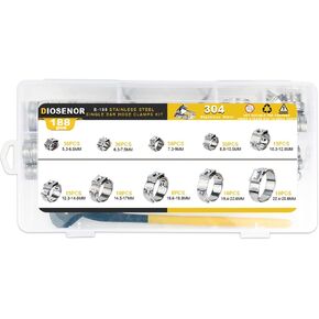 100PCS 8 Size Single Ear Hose Clamps with Pincer, 304 Stainless Steel Hose Clamps 26.9-50mm Stepless Cinch Rings Crimp Assortment Kit for Water Pipe Repair Clamp Fitting Tools Kit