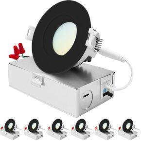 LUXRITE 3 Inch LED Recessed Ceiling Light with Junction Box, 10W, 5CCT 2700K/3000K/3500K/4000K/5000K, 800LM High Brightness, Dimmable Canless Downlight, Wet Rated, IC Rated, ETL - Black (6 Pack)
