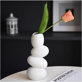 Cobblestone Ceramic Flower Vase, Slim White Modern Home Decor Sculpture for Living Room, Dining Room, Bedroom, Office, Bathroom, Kitchen or Bedside Table