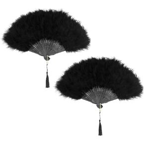 qwork 2 قطعة ريشة مروحة، 1920s ريشة تملق مروحة اليد، 20 "مروحة ديكور نمط خمر سحب الملكة مروحة للرقص، ديكور غرفة زي التقاط الصور ديكور الزفاف، أسود in Saudi Arabia