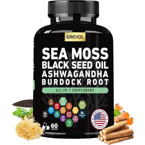 Sea Moss 8000mg Black Seed Oil 6000mg Ashwagandha 2000mg Bladderwrack 5000mg Burdock Root 4000mg Turmeric 2500mg & Vitamin C D3 Elderberry ACV Black Pepper - Multimineral Supplement - 60 Count