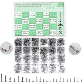 Flat Head Self Tapping Screws 1320Pcs Small Screws 304 Stainless Steel M1/1.2/1.4/1.7/2/2.2 Tiny Countersunk Cross Drive Head Electronic Screw 24 Kinds Micro Fastener Assortment Kit