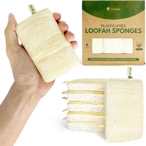 Natural Loofah Sponges for Dishes - Compostable Loofah and Cellulose Kitchen Sponges Pack of 6 - Plastic Free Loofah Dish Sponges Kitchen with Cotton Hanging Loop