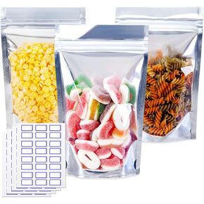 100 Pcs 6"X9" Resealable Mylar Bags for Food Storage Clear Front Stand Up Pouch Bags with Label Stickers Party Favor Bags for Small Business Packaging