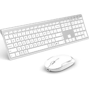 Bluetooth Keyboard Mouse, Multi-Device Wireless Keyboard and Mouse Combo, Dual-Mode(Bluetooth + Bluetooth + USB), Ultra Slim, Rechargeable, for Windows/Mac OS - White and Silver