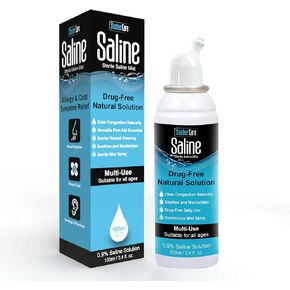 Saline Mist 0.9% NaCl | Multi-Purpose Saline Spray | Wound Wash | Piercing Aftercare |Moisturize Dry Sinuses | Normal (isotonic) Saline | Drug Free | 100 ml (3.38 fl oz) Continuous Spray