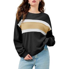 Fisoew Womens Casual Oversized Sweatshirt Color Block Long Sleeve Crewneck Loose Fit Pullover Tops