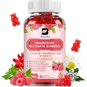 600 Mg Magnesium Glycinate Gummies, Magnesium Supplement Complex Magnesium Malate, Magnesium Citrate & Potassium, Supports Night & Joint, Energy Boost, Vegan & 0-Sugar, Raspberry 60 Count