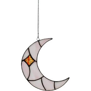 Moon Stained Glass Suncatcher for Window Hangings, Handcrafted Art Glass Crescent Moon Decorations Indoor Window for Living Room Bedroom (Yellow)