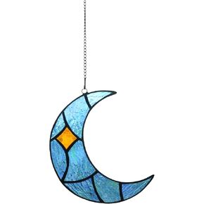 Moon Stained Glass Suncatcher for Window Hangings, Handcrafted Art Glass Crescent Moon Decorations Indoor Window for Living Room Bedroom (Yellow)