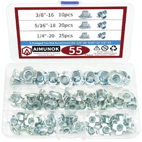 55pcs 4 Prong Zinc T-Nut Kit - Steel Assortment, 3 Sizes (1/4"-20 x 3/8", 16"-18 x 3/8", 3/8"-16 x 1/2"), Rugged Case - Mechanical, Electronic, Hardware, Furniture