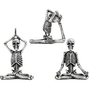 Yoga Skeleton Skull Statue(Set of 3) Yoga Skull Statue for Yoga Meditation Room Decoration, Spooky Gothic Office Bookshelf Table Decoration(Antique Silver)