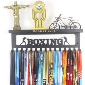 16" Premium Metal Wall Mount BOXING Design Medal Hanger and Ribbon Display Holder Rack with 3" Trophy Shelf and Easy Hanging Hooks - Great Gift for Kids & Adults (Black)