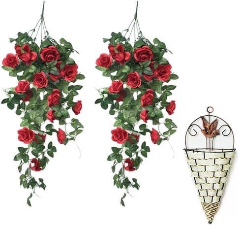 2 Pack Artificial Hanging Flowers, Fake Hanging Plants Colorful Rose Flower Bouquet for Wall Home Room Garden Wedding Indoor Outdoor Spring Decoration (White) in Saudi Arabia