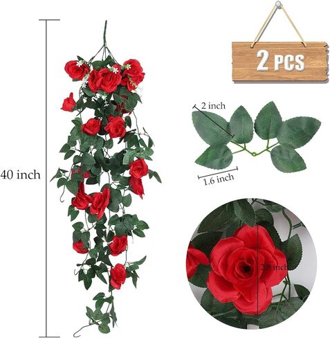 2 Pack Artificial Hanging Flowers, Fake Hanging Plants Colorful Rose Flower Bouquet for Wall Home Room Garden Wedding Indoor Outdoor Spring Decoration (White) in Saudi Arabia