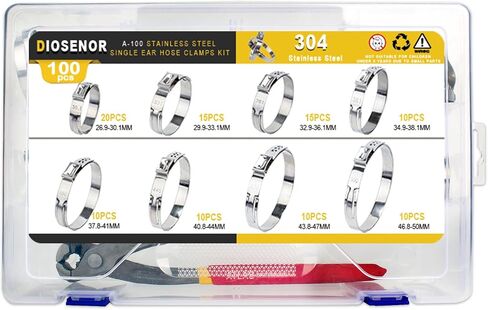 100PCS 8 Size Single Ear Hose Clamps with Pincer, 304 Stainless Steel Hose Clamps 26.9-50mm Stepless Cinch Rings Crimp Assortment Kit for Water Pipe Repair Clamp Fitting Tools Kit in Saudi Arabia