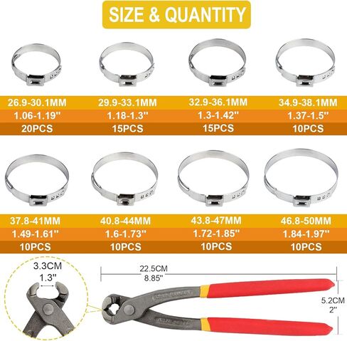 100PCS 8 Size Single Ear Hose Clamps with Pincer, 304 Stainless Steel Hose Clamps 26.9-50mm Stepless Cinch Rings Crimp Assortment Kit for Water Pipe Repair Clamp Fitting Tools Kit in Saudi Arabia