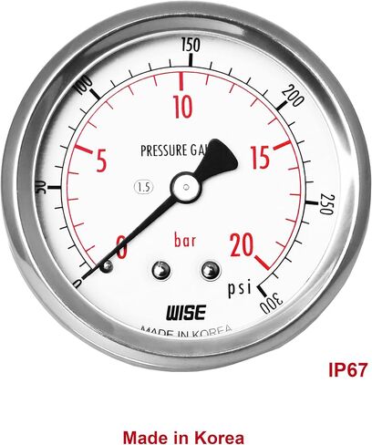 مقياس ضغط الخدمة العامة WISE P254 63 مم (2 بوصة)، قرص 1/4 بوصة NPT(M)، اتصال خلفي مركزي، مباشر، 0 ~ 210 بار/0 ~ 3000 رطل لكل بوصة مربعة (النوع الجاف)، صنع في كوريا in Kuwait