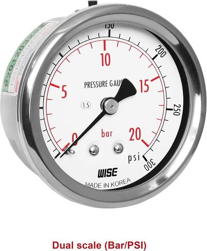 مقياس ضغط الخدمة العامة WISE P254 63 مم (2 بوصة)، قرص 1/4 بوصة NPT(M)، اتصال خلفي مركزي، مباشر، 0 ~ 210 بار/0 ~ 3000 رطل لكل بوصة مربعة (النوع الجاف)، صنع في كوريا in Kuwait