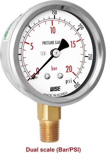مقياس ضغط الخدمة العامة WISE P254 63 مم (2 بوصة)، قرص 1/4 بوصة NPT(M)، اتصال سفلي، 0 ~ 70 بار/0 ~ 1000 رطل لكل بوصة مربعة (النوع الجاف)، صنع في كوريا in Kuwait