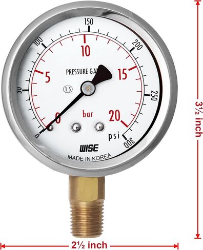 مقياس ضغط الخدمة العامة WISE P254 63 مم (2 بوصة)، قرص 1/4 بوصة NPT(M)، اتصال سفلي، 0 ~ 70 بار/0 ~ 1000 رطل لكل بوصة مربعة (النوع الجاف)، صنع في كوريا in Kuwait