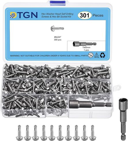 300Pcs #8x3/4" Hex Washer Head Self Drilling Screws, 410 Stainless Steel Self Tapping Sheet Metal Screw Set with Hex Bit Socket in Saudi Arabia