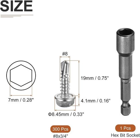 300Pcs #8x3/4" Hex Washer Head Self Drilling Screws, 410 Stainless Steel Self Tapping Sheet Metal Screw Set with Hex Bit Socket in Saudi Arabia