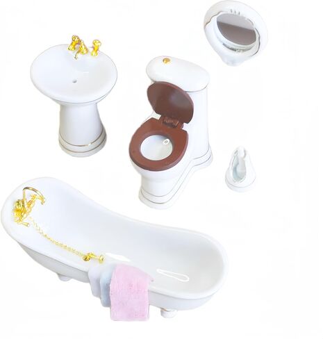 SUCCUNA Dollhouse Accessories Bathroom Set 1 12 Scale Dollhouse Furniture Miniatures Toys Mini Ceramic Toilet Washbasin Mirror Bathtub with 3 Towels for Dollhouse Restroom Decoration in Kuwait