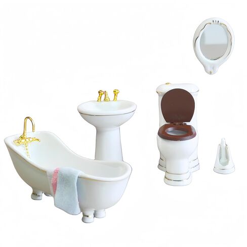 SUCCUNA Dollhouse Accessories Bathroom Set 1 12 Scale Dollhouse Furniture Miniatures Toys Mini Ceramic Toilet Washbasin Mirror Bathtub with 3 Towels for Dollhouse Restroom Decoration in Kuwait