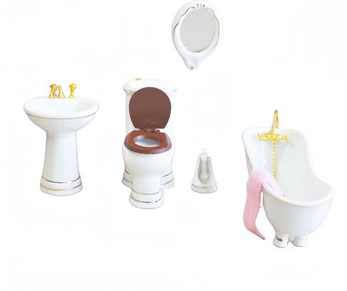 SUCCUNA Dollhouse Accessories Bathroom Set 1 12 Scale Dollhouse Furniture Miniatures Toys Mini Ceramic Toilet Washbasin Mirror Bathtub with 3 Towels for Dollhouse Restroom Decoration in Kuwait
