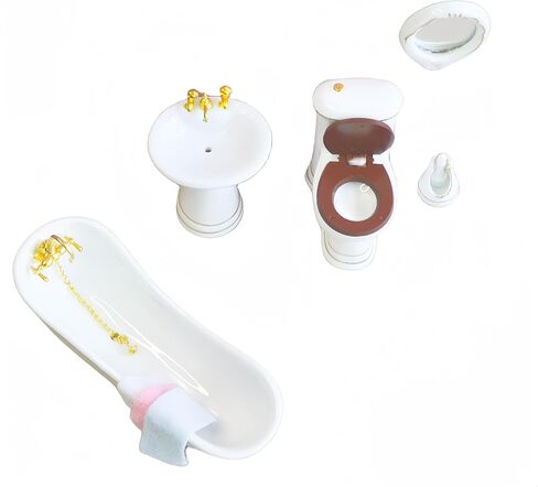 SUCCUNA Dollhouse Accessories Bathroom Set 1 12 Scale Dollhouse Furniture Miniatures Toys Mini Ceramic Toilet Washbasin Mirror Bathtub with 3 Towels for Dollhouse Restroom Decoration in Kuwait