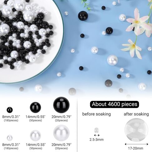 SUREAM 500 Pcs Floating NO Hole Pearls and 2300 Pieces Clear Water Gels, Water Beads for Vases, Floating Beads for Centerpiece Home Weddings Table Party Birthday Decor 8/14/20mm(Black&White Color) in Saudi Arabia